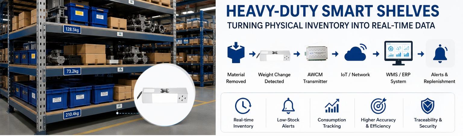 The architecture is straightforward. A load cell becomes the sensing point under a shelf, tray or platform. The AWCM digital weighing transmitter collects the sensor signal. From there, the customer's communication and software architecture can move the data into an IoT gateway, WMS, ERP or analytics platform.